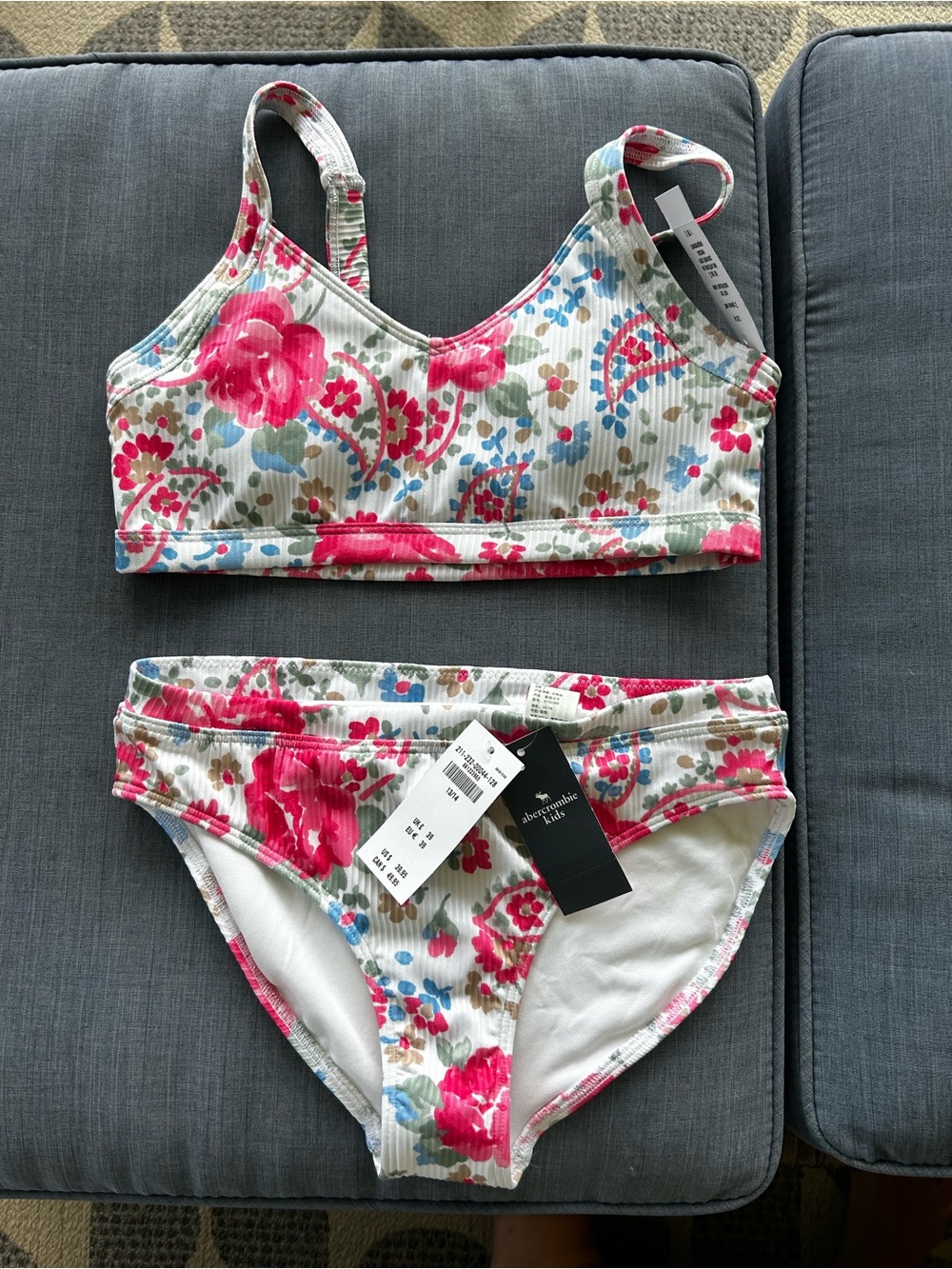 Abercrombie kids-Floral Ribbed Bikini Set with Pink & Blue Blooms